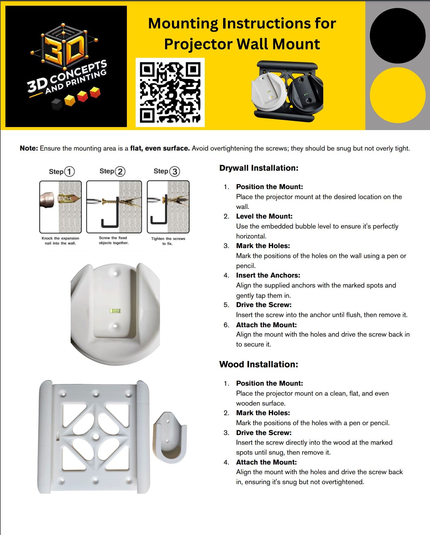 HY300 & Magcubic L018 ("The Beast") Projector Wall or Ceiling Mounts with Embedded Bubble Level, Remote Holder & Mounting Hardware